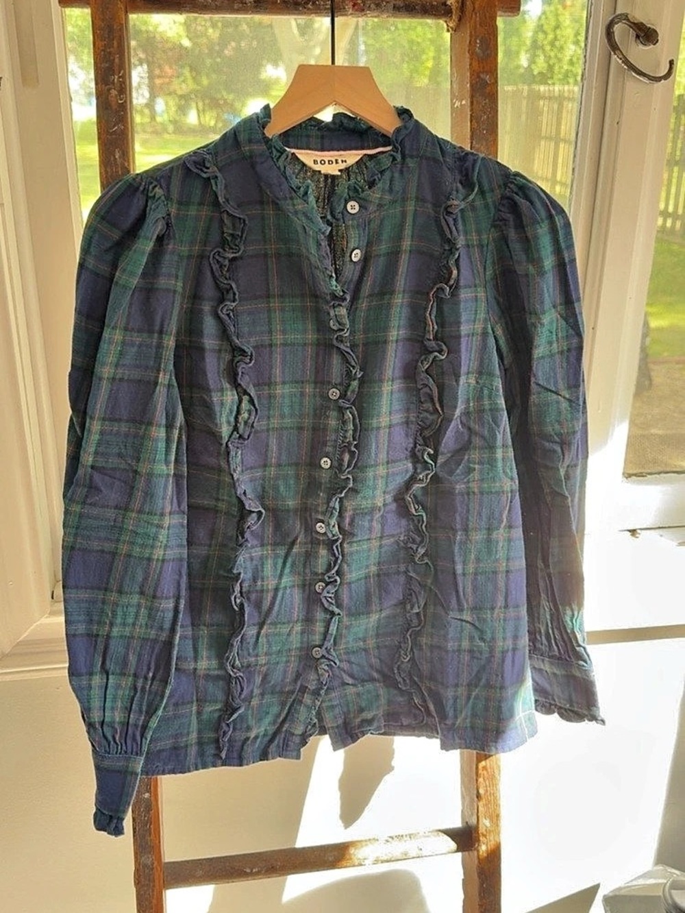 Boden Women's Christmas Plaid Ruffle Front Shirt